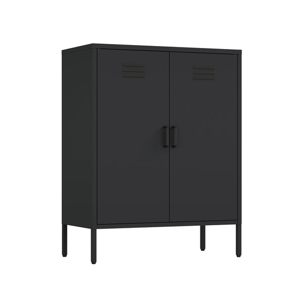 English Elm Naomi Metal Accent Cabinet 32" — Ventilated Double-Door Steel Storage with Adjustable Shelves, Modern Stability Black B365P397885