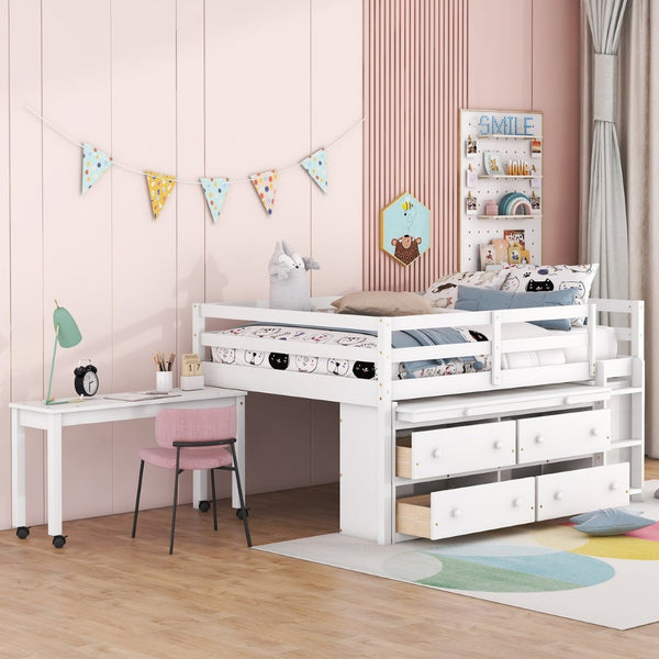 English Elm Full Size Kids Loft Bed Pinewood Frame Dual Study Desks Drawers and Open Shelving White LT000369AAK