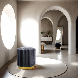 English Elm Round Channel-Tufted Accent Stool Dark Gray Fur with Gold Stainless Steel Plinth Base for Modern Rooms B2741P388370