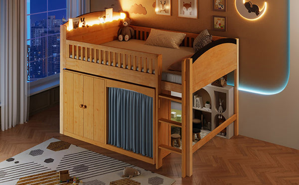 English Elm Twin Loft Bed with Wardrobe Cabinet Led Lighting and Pine Frame for Kids Rooms Wood N7090002236M
