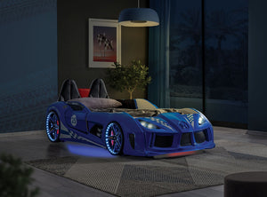 English Elm Modern Race Car Twin Bed with Led Lights Magnetic Doors and Leatherette Upholstery Blue B2741S00912