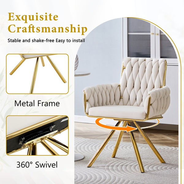 English Elm Set of 2 Velvet Upholstered Dining Chairs Braided Rope Back Glam Metal Legs Beige,Gold W3875P383929