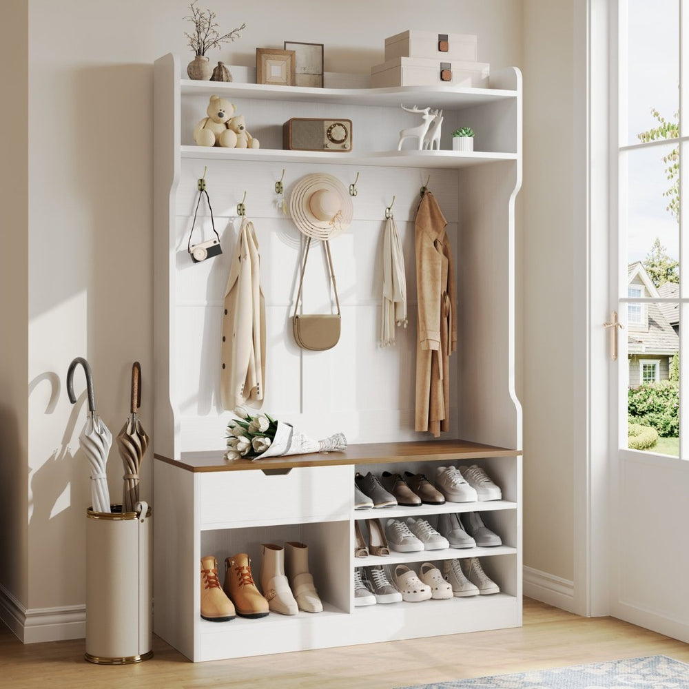 English Elm Hall Tree Entryway Organizer with Flip Shoe Storage Bench Coat Hooks and Drawer White+Walnut T5618P448220