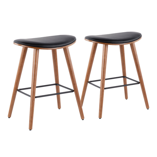 English Elm Saddle 26" Mid-Century Modern Counter Stool with Contoured Faux Leather Seat and Tapered Legs (Set of 2) Black B202P222393