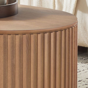 English Elm 51.18'' Oval Mdf Coffee Table with Hidden Drawer Mid-century Pedestal Base Oak W876P370282