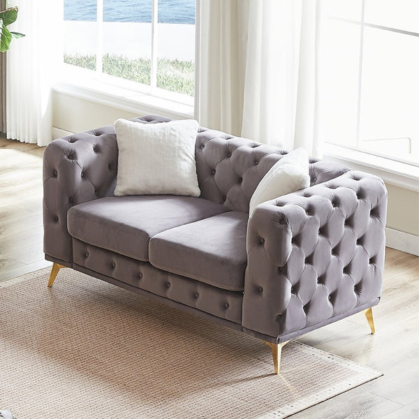 English Elm Fx Velvet Chesterfield Sofa Button Tufted Diamond Quilted Design with Accent Pillows Grey W1926S00089
