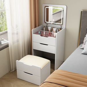 English Elm (48CM) 3-in-1 Vanity Desk with Lighted Flip Mirror, Glass Top, 3 Drawers & Stool — Compact White MDF Vanity W2641P224783
