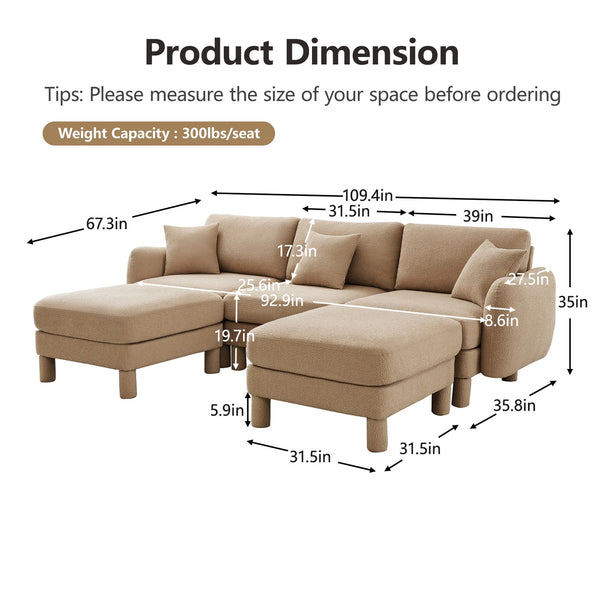 English Elm Boucle U-Shape 3-Seater Sectional Sofa With Shell Armrests & Movable Ottomans - Coffee Color Comfort W3041S00286