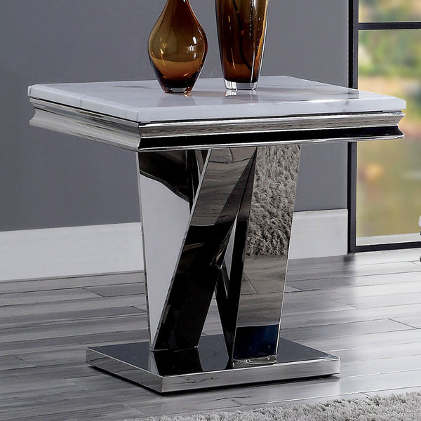 English Elm 1pc End Table Luxe Faux Marble Top with Beveled Edge, Interlocking Pedestal Base, Sleek Metal Finish, 23" Height, Elegant Accent Piece Chrome 28 L x 27 W x 3 H B2741S00434