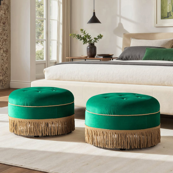 English Elm Yolanda Velvet Round Ottoman with Gold Bullion Fringe Jewel Toned Artisan Accent Piece B2719P364403