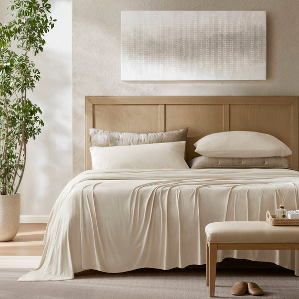 JLA Home Harbor House - Stretch Jersey Sheet Set – Cooling, Moisture‑Wicking 4‑Way Stretch Knit for Hot Sleepers, OEKO‑TEX Certified Ivory HHD20-1900