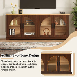 English Elm Farmhouse Media Console with Arched Glass Doors Wood Grain Two Tone Living Room Storage Walnut N721P411204P