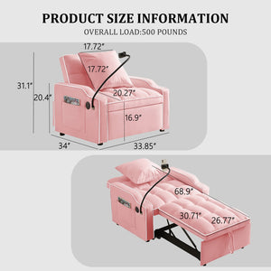 English Elm Sleeper Sofa Chair Velvet Convertible Armchair with Usb Charging for Small Spaces Pink W1359P458678