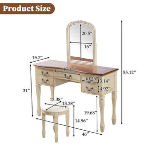 English Elm 46" Vintage Dressing Table Floral Carved Mirror 5 Drawers Stool Bedroom Vanity N704P381405K