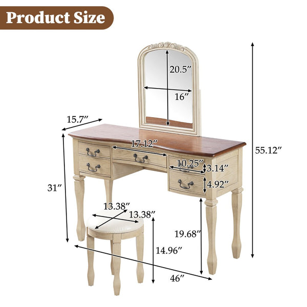 English Elm 46" Vintage Dressing Table Floral Carved Mirror 5 Drawers Stool Bedroom Vanity N704P381405K