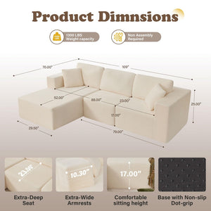 English Elm 109" Cloud Modular Sectional Corduroy Sofa Deep Seat L-shape Chaise for Living Room Beige W1521S00089
