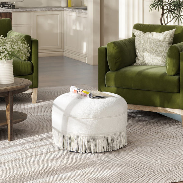 English Elm Jennifer Taylor Home - Yolanda 24" Round Upholstered Ottoman in Almond White Chenille — Handcrafted, Tassel Fringe, Versatile Seat B2719P280167