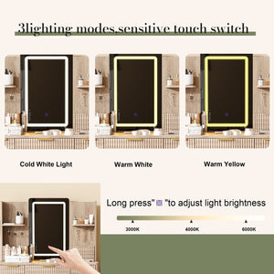 English Elm 7-Drawer LED Vanity Desk with Jewelry Organizer, Fluted Carved Design, PU Stool & Metal Legs W2700P369516