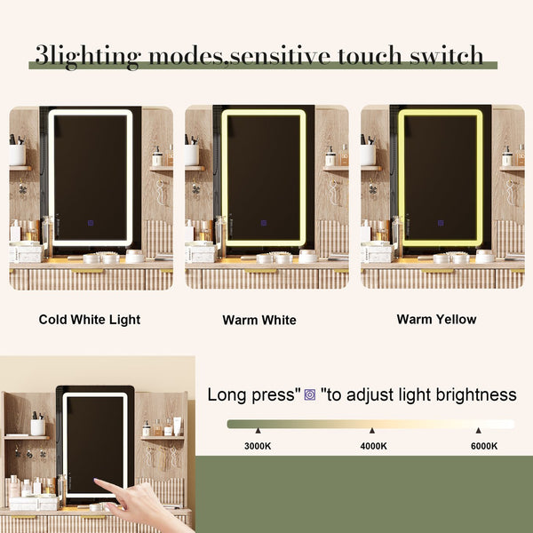 English Elm 7-Drawer LED Vanity Desk with Jewelry Organizer, Fluted Carved Design, PU Stool & Metal Legs W2700P369516