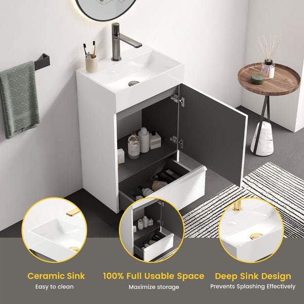 English Elm Gada Fluted Sage Freestanding Bathroom Vanity with Brushed Brass Vessel Sink Cabinet Matte White W1865S00214