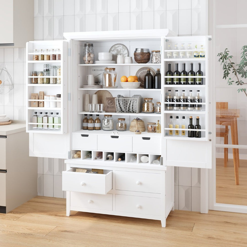 English Elm Topmax Freestanding Pine Wood Kitchen Pantry Cabinet with Wine Rack White SP000070AAK