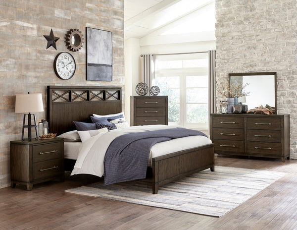 English Elm Contemporary Ash Veneer Eastern King Bed with Bold X-frame Headboard in Dark Brown B011S01125