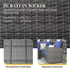 English Elm 4-piece Outdoor Wicker Conversation Set with Tempered Glass Table and Resort Style Blue+Brown B082S00057