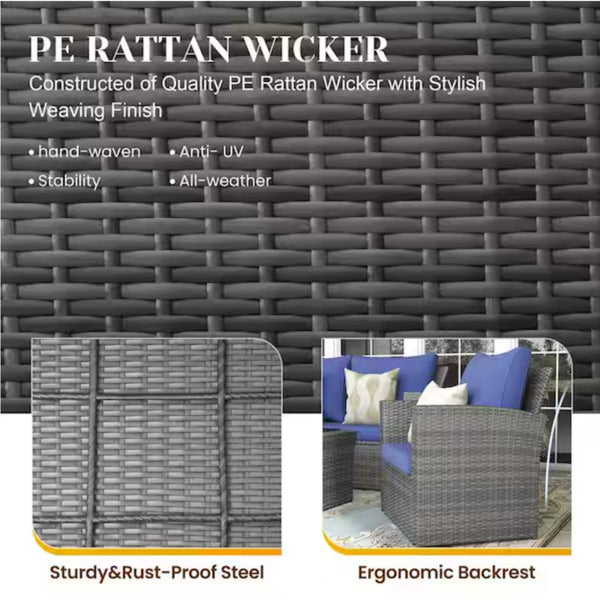 English Elm 4-piece Outdoor Wicker Conversation Set with Tempered Glass Table and Resort Style Blue+Brown B082S00057