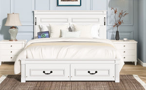 English Elm Queen Farmhouse Pinewood Storage Bed with Led Lighting Usb Charging and Panel Headboard White W504P391013