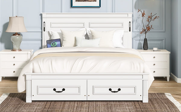 English Elm Queen Farmhouse Pinewood Storage Bed with Led Lighting Usb Charging and Panel Headboard White W504P391013