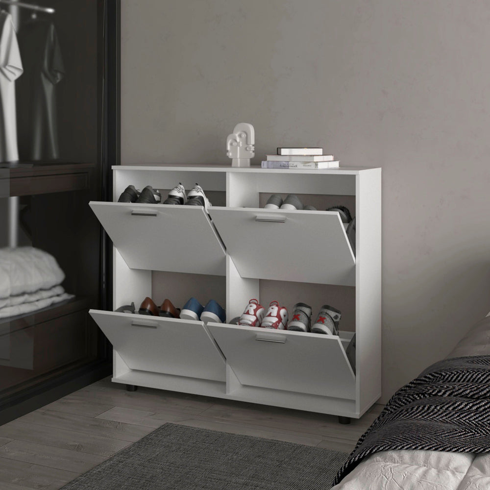 English Elm White 4-Door Tilt-Out Shoe Cabinet with Metal Hardware, Plastic Legs, Concealed Storage & Modern Charm B062P323161