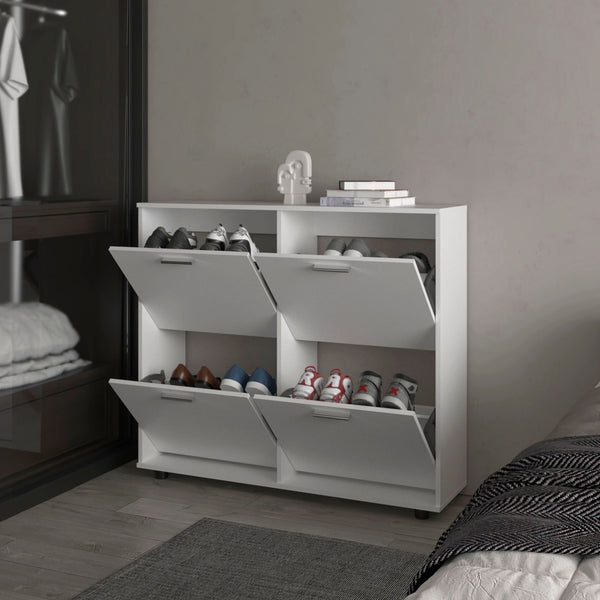 English Elm White 4-Door Tilt-Out Shoe Cabinet with Metal Hardware, Plastic Legs, Concealed Storage & Modern Charm B062P323161