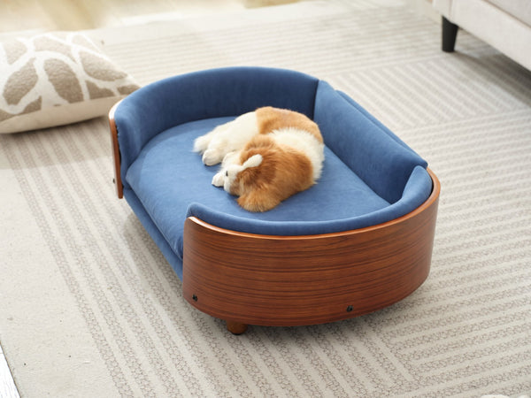 English Elm Scandinavian Mid-century Pet Sofa with Walnut Bentwood Back and Navy Velvet Cushion Dark Blue W794125941