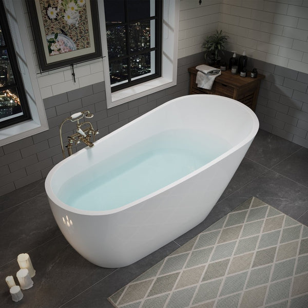 English Elm 63" Oval Freestanding Soaking Tub Solid Surface Resin Spa Bathtub Glossy White W1920P386220