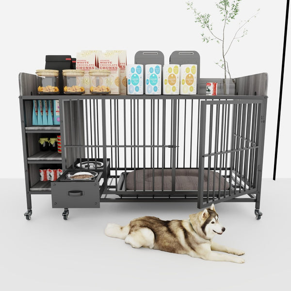 English Elm Large Iron Mdf Pet Enclosure with Storage Cabinet Rolling Casters and Steel Feeding Basins W3064P245385