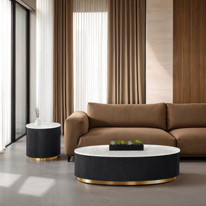 English Elm Contemporary 3-Piece Table Set: Oval Cocktail & Round End Tables With Marble Top & Gold Accents B2741S00658