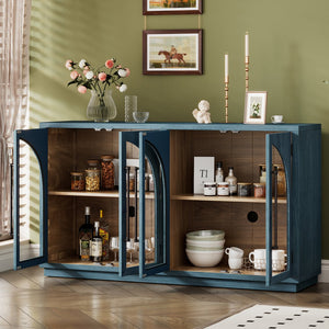 English Elm TREXM Arched Glass Door Sideboard Buffet Cabinet with Adjustable Shelves, Cable Management, 64" Navy XW000021AAM