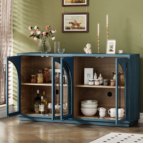 English Elm TREXM Arched Glass Door Sideboard Buffet Cabinet with Adjustable Shelves, Cable Management, 64" Navy XW000021AAM
