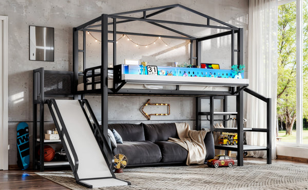 English Elm Twin Metal Loft Bed with Built-in Wardrobe Storage Stairs Led Lights and Usb Ports W5316S00045