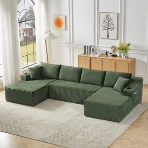 English Elm Compressible U-Shaped Sectional Sofa Set - Modular Green Corduroy Couch For Stylish Living Spaces W2339S00055