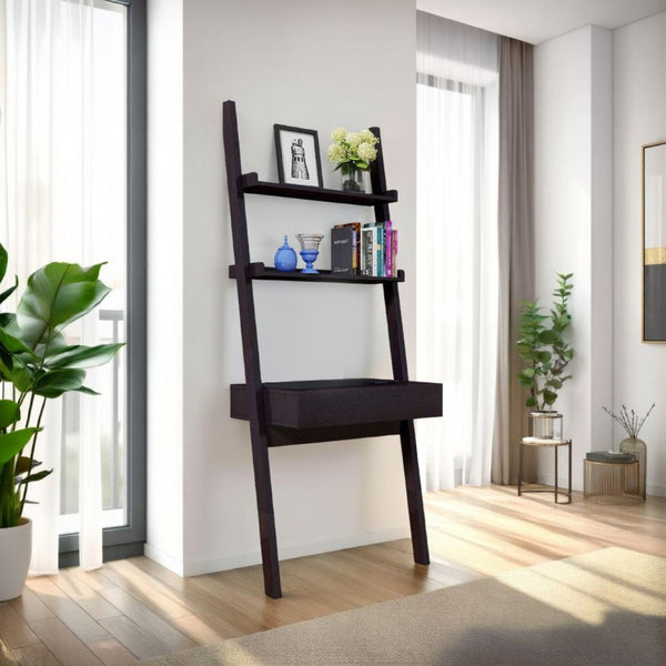 English Elm Tall Ladder Style Home Office Desk with Open Shelves and Drawer in Brown Wood B056P416991