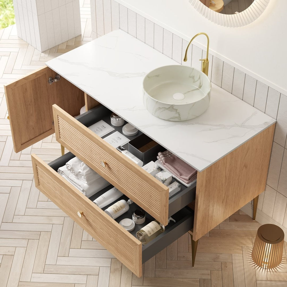 English Elm Dipa 48 Inch Floating Bathroom Vanity Walnut Cabinet Sintered Stone Top Led Sensor W2615S00478
