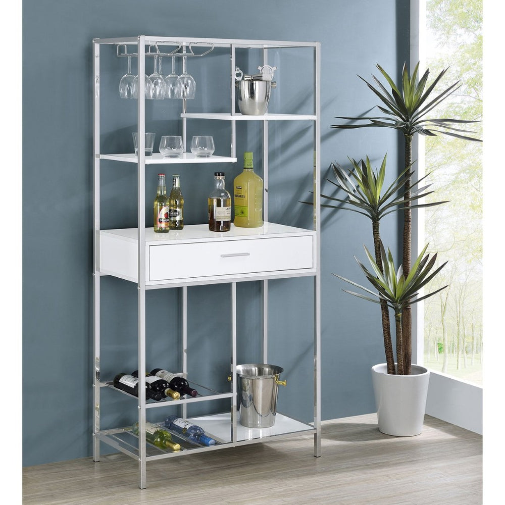 English Elm Draper Gloss White Led Wine Cabinet with Chrome Frame and Open Bar Shelving B062P441294