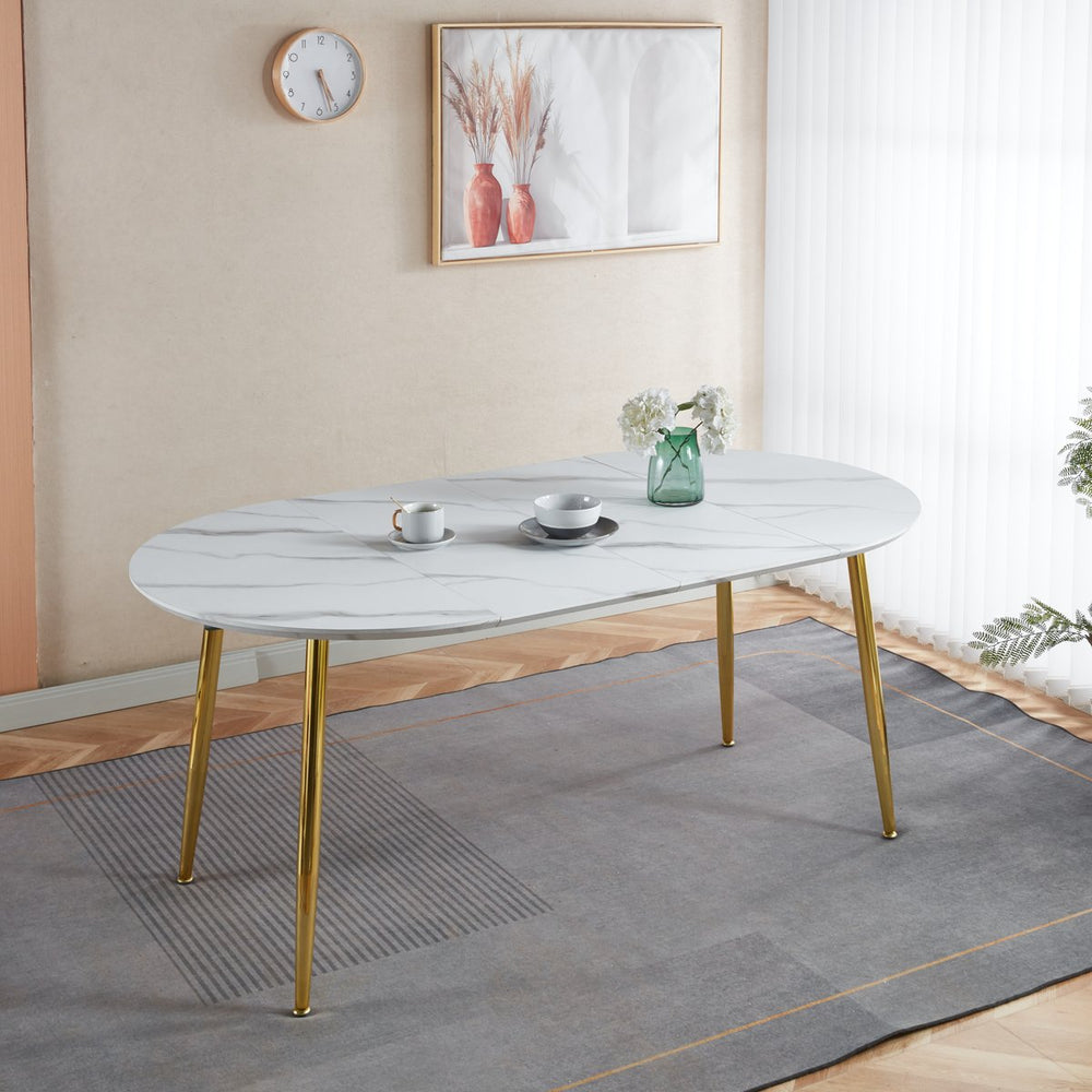 English Elm Extendable modern dining table with MDF top and sturdy metal legs, elegant gold accents, versatile use White Marble W234P294274