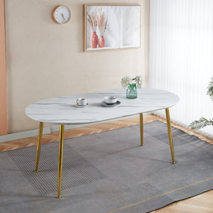 English Elm Extendable modern dining table with MDF top and sturdy metal legs, elegant gold accents, versatile use White Marble W234P294274