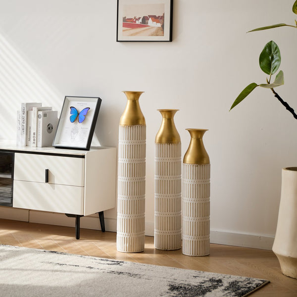 English Elm Floor White Metal Vases Set of 3 — Tall Glazed Cylinder Decor with Hammered Gold Trim, 24/28.7/33.5in W2796P193943