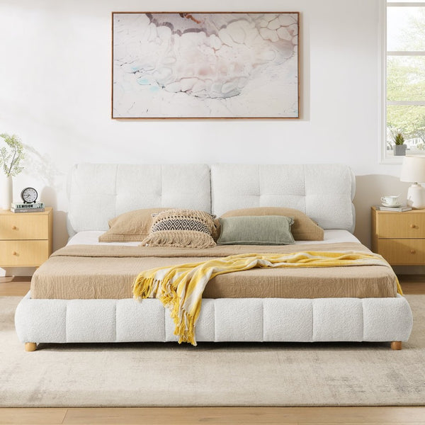 English Elm King Bouclé Upholstered Platform Bed Tufted Cloud Headboard Low Profile Frame W1413S00184