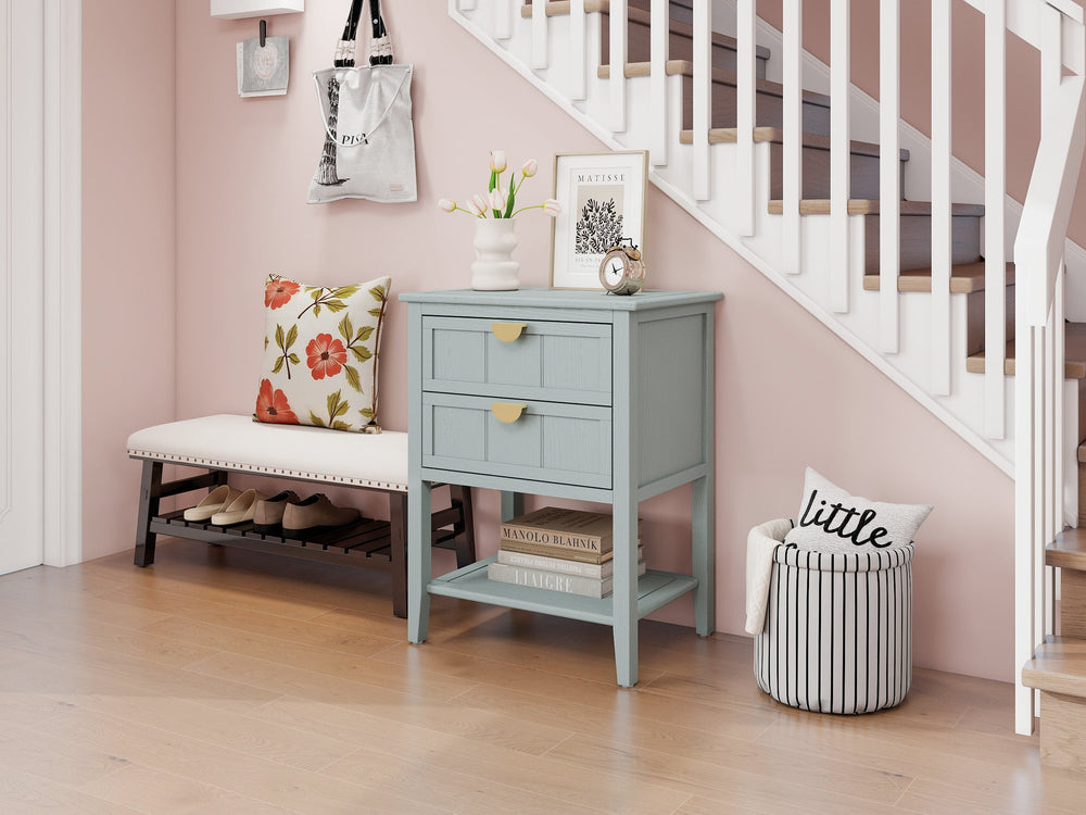 English Elm 2 Drawer Side Table – Solid Wood Veneer Nightstand with Preinstalled Steel Ball Slides, Anti-Slip Pads, 18.9x9.3x31.3" W68882620