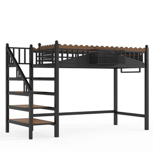 English Elm Twin Xl Metal Loft Bed with Stair Storage Shelves Sturdy Steel Frame for Dorms W1580S00377