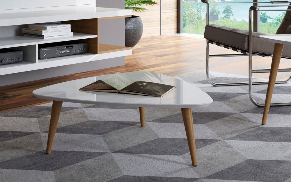 English Elm Utopia 34" Triangle Coffee Table in White – Lacquered Triangular Top, Solid Wood Splayed Legs, Durable Modern Accent Piece B365P398088